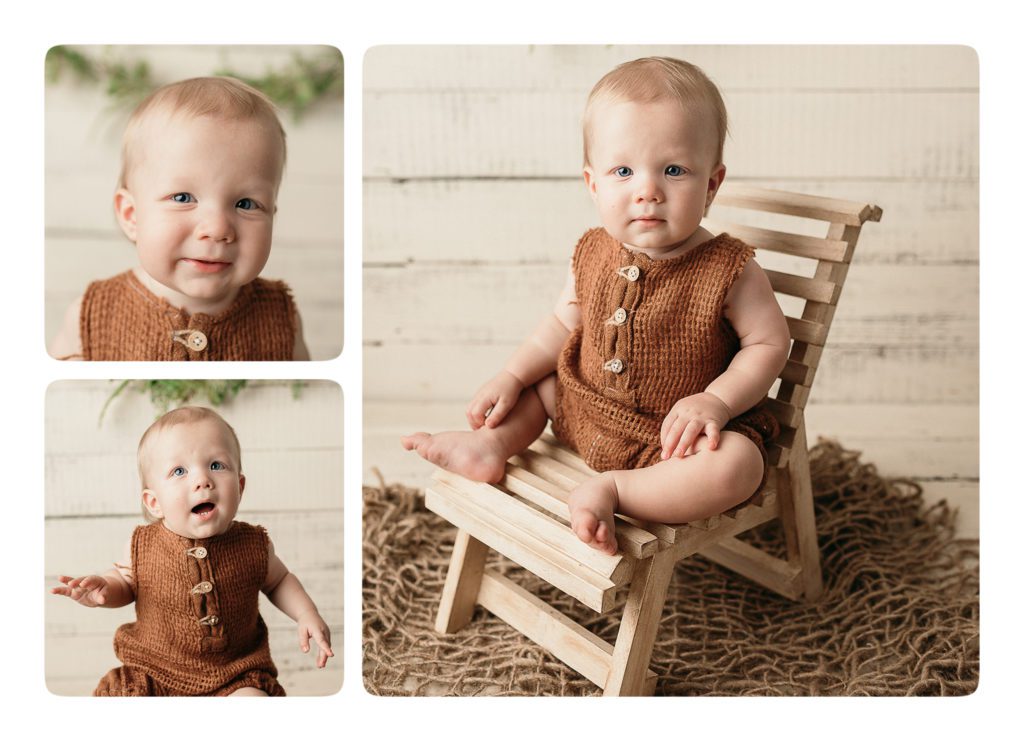 baby boy sitting in wood chair during one year photo shoot
